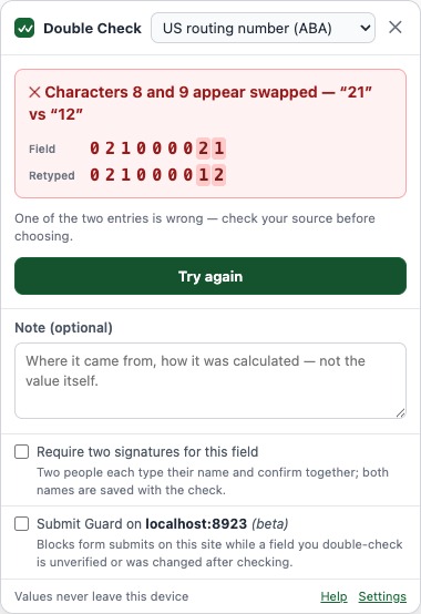 A mismatch: characters 8 and 9 appear swapped, with both entries compared character by character