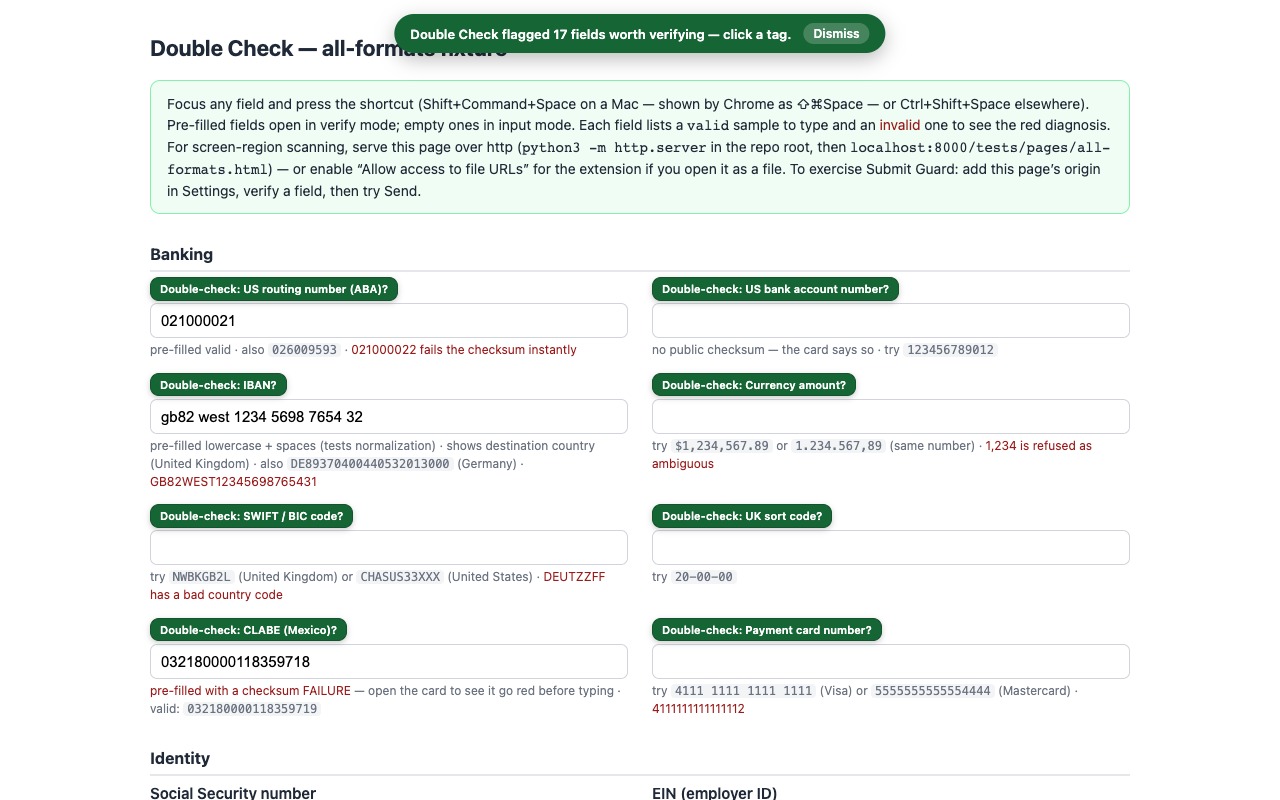 A page with several high-value fields tagged for double-checking