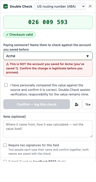 A warning that this is not the account saved for the named payee