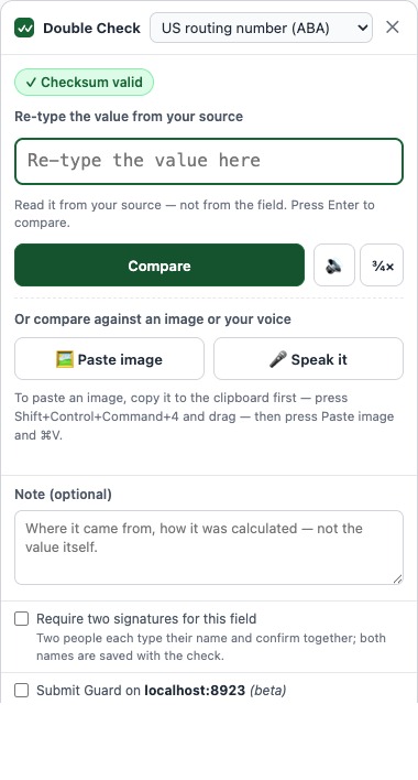 The Double Check card on a routing-number field: checksum valid, with a box to re-type the value from your source